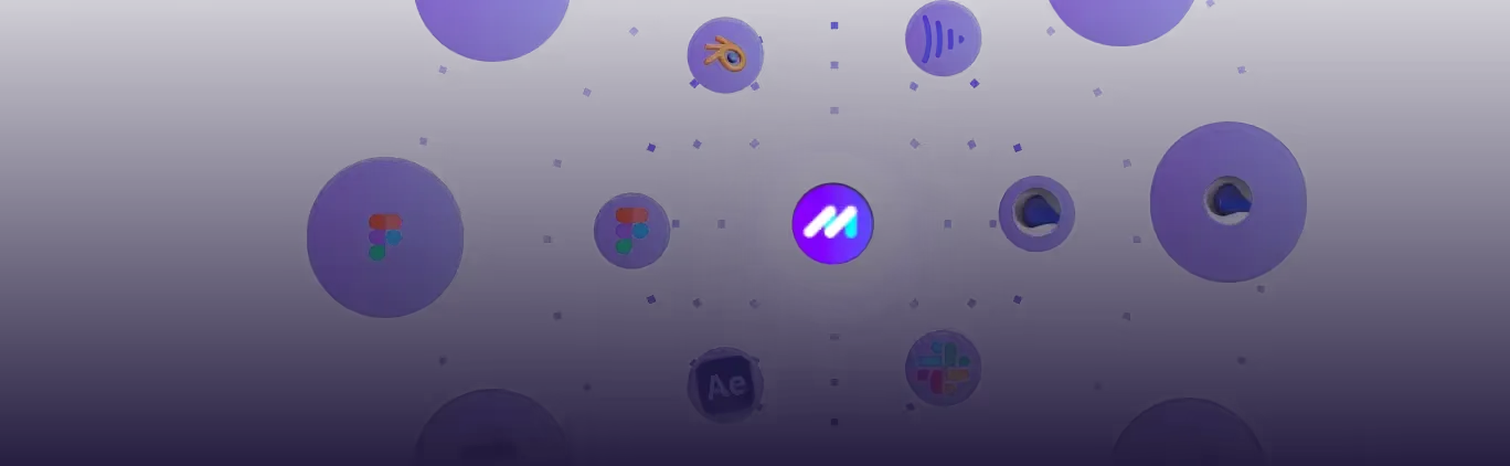 A visually appealing graphic featuring various design and collaboration tool icons, including Figma, Blender, and After Effects, arranged in a circular pattern against a dark background, with a central logo or symbol highlighted in purple.