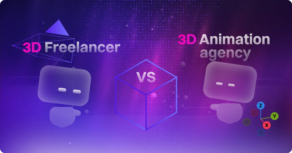 3D animation agency vs 3D freelancer comparison illustration with two characters and a central VS cube on a purple gradient background
