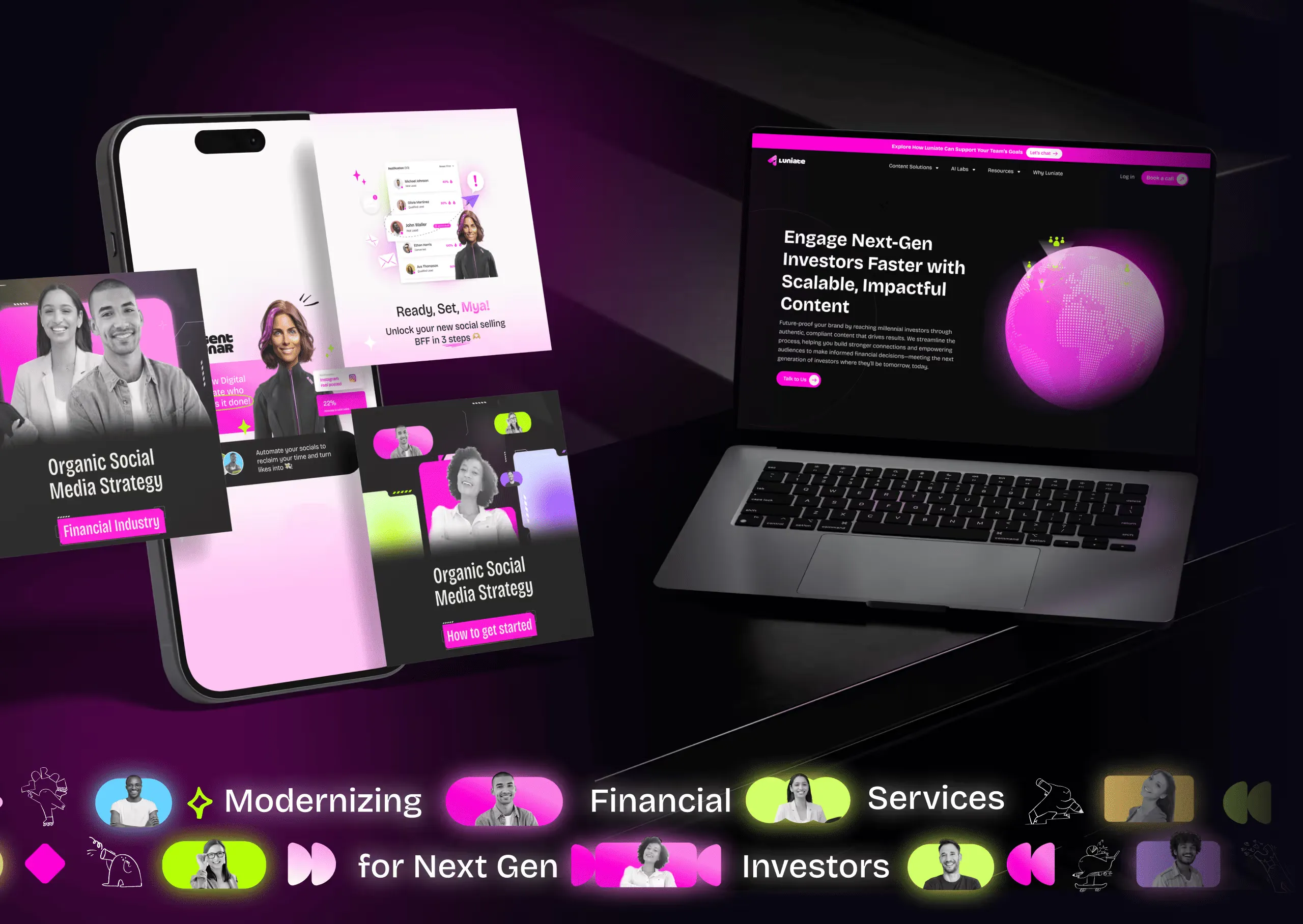 A laptop, phone, and tablet all displaying the Luniate web page