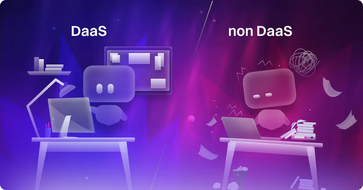 A digital illustration contrasting two work environments. On the left side labeled "DaaS," a character sits at a tidy desk with a computer, lamp, and organized shelves, representing a productive workspace. On the right side labeled "non DaaS," a character at a cluttered desk appears overwhelmed by messy paperwork and stacks of books, symbolizing chaos. The background features vibrant purple and pink hues, enhancing the visual contrast between the two scenarios.