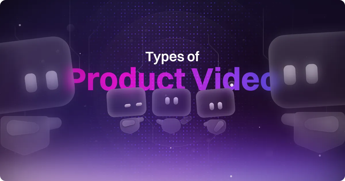Illustration showcasing various animated characters with the text 'Types of Product Videos' in a futuristic purple and blue gradient background.