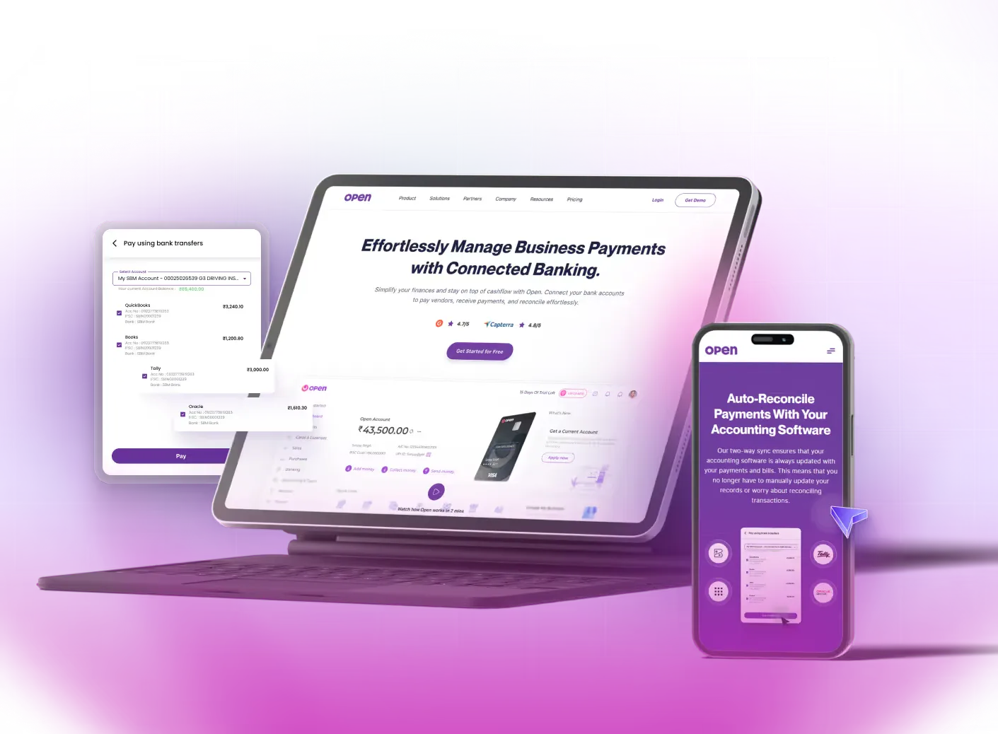 Tablet and smartphone displaying Open's business payment management and auto-reconcile payment software interfaces on a purple grid background.
