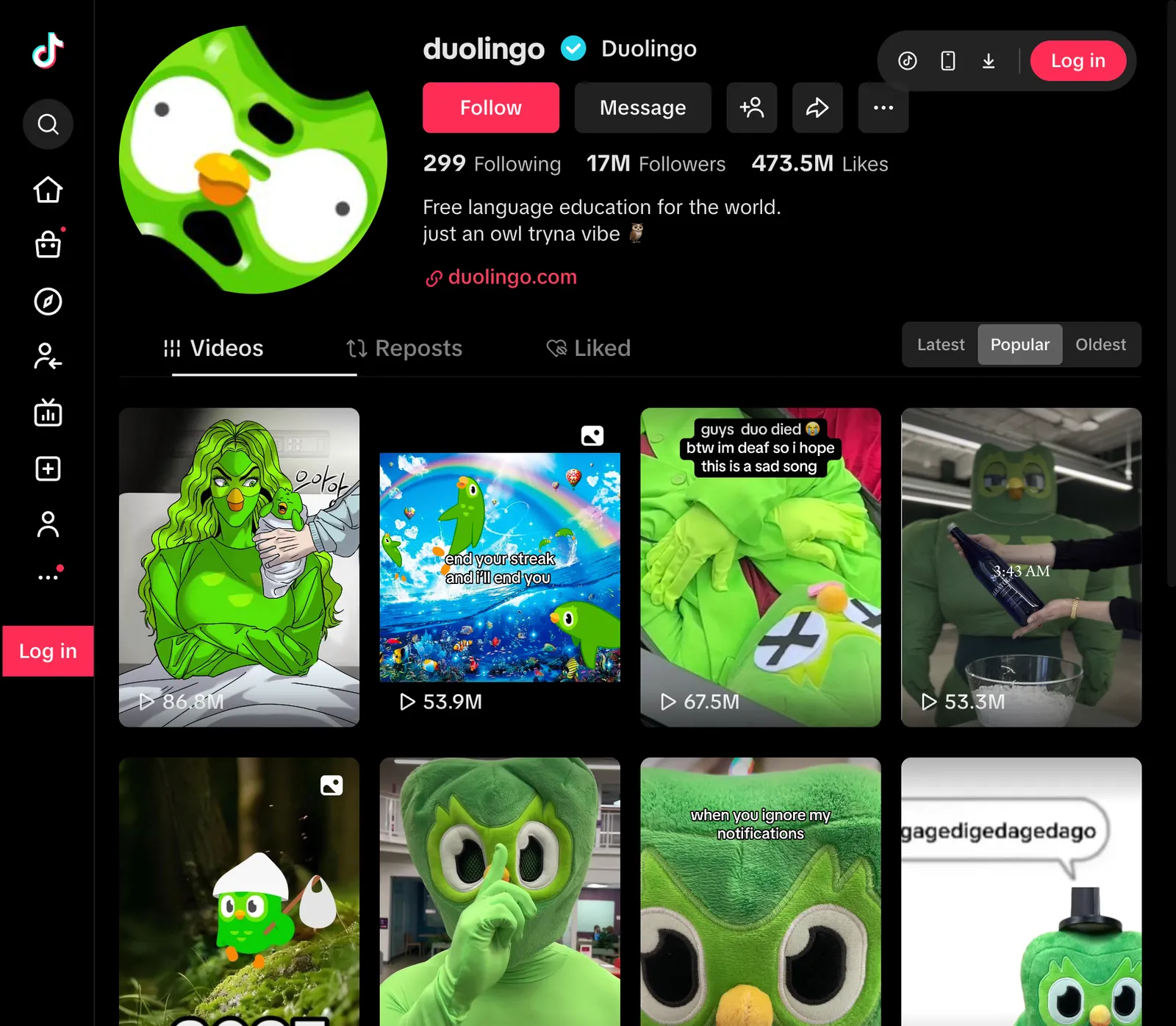 Screenshot of Duolingo’s TikTok profile showing 17 million followers and a grid of popular short-form videos featuring the green owl mascot in humorous and meme-style content.
