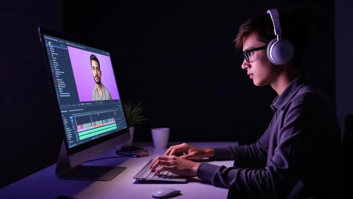 A young man wearing headphones is focused on editing a video on a computer in a dark room. The screen displays a video editing software interface with a purple background featuring a person's face.