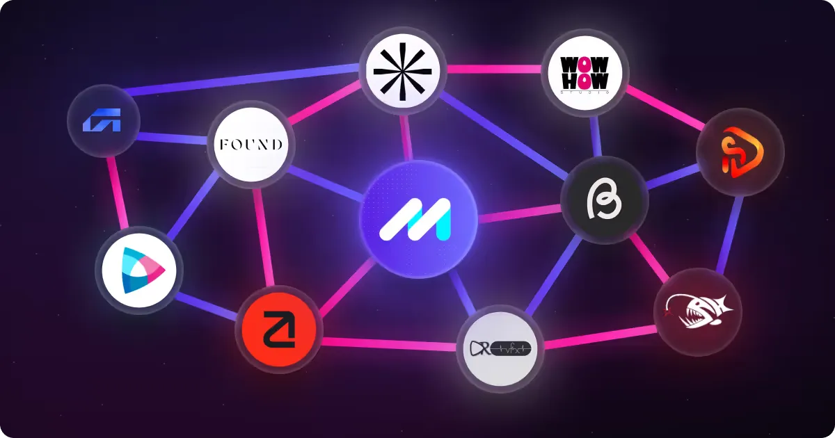 Top 10 3D animation studios — logo network on dark starry background