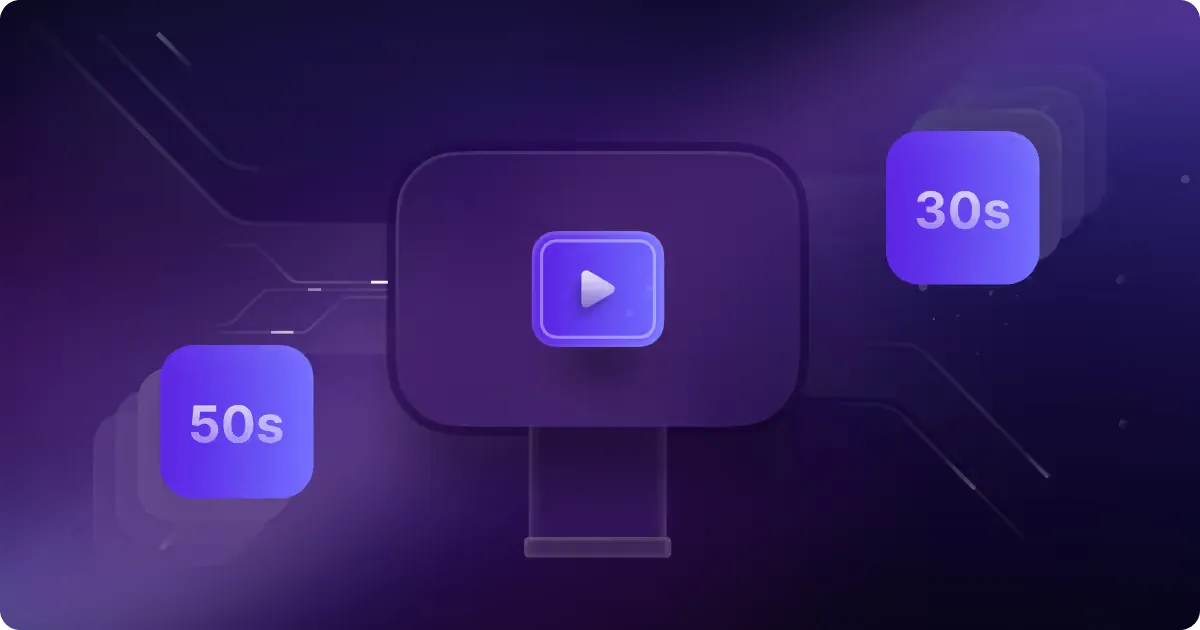 A digital graphic featuring a central play button icon surrounded by two time duration boxes labeled '50s' and '30s'. The background is a gradient of dark purple tones with abstract lines and shapes, creating a modern and tech-inspired aesthetic.