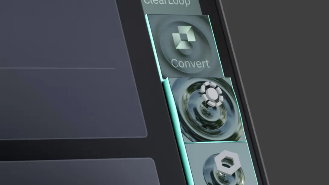 Close-up of a modern device screen showing app icons with a 'convert' option and abstract water ripple designs