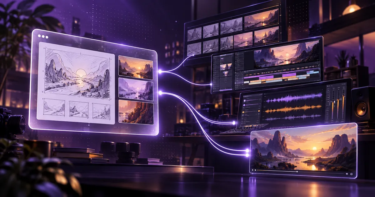 A storyboard connects to animation and sound editing screens, showing how an outsourced creative team brings specialist skills together.