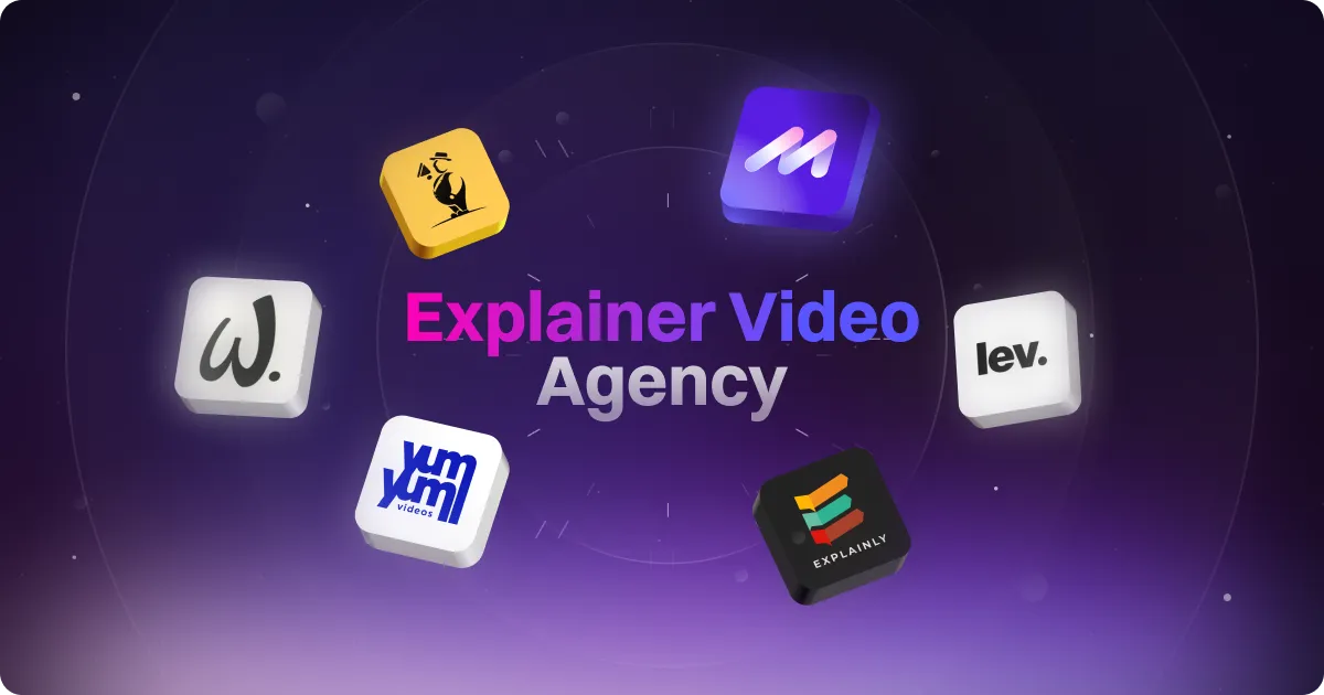 3D floating logos of top explainer video agencies surrounding a central title that reads ‘Explainer Video Agency’ on a dark purple gradient background.