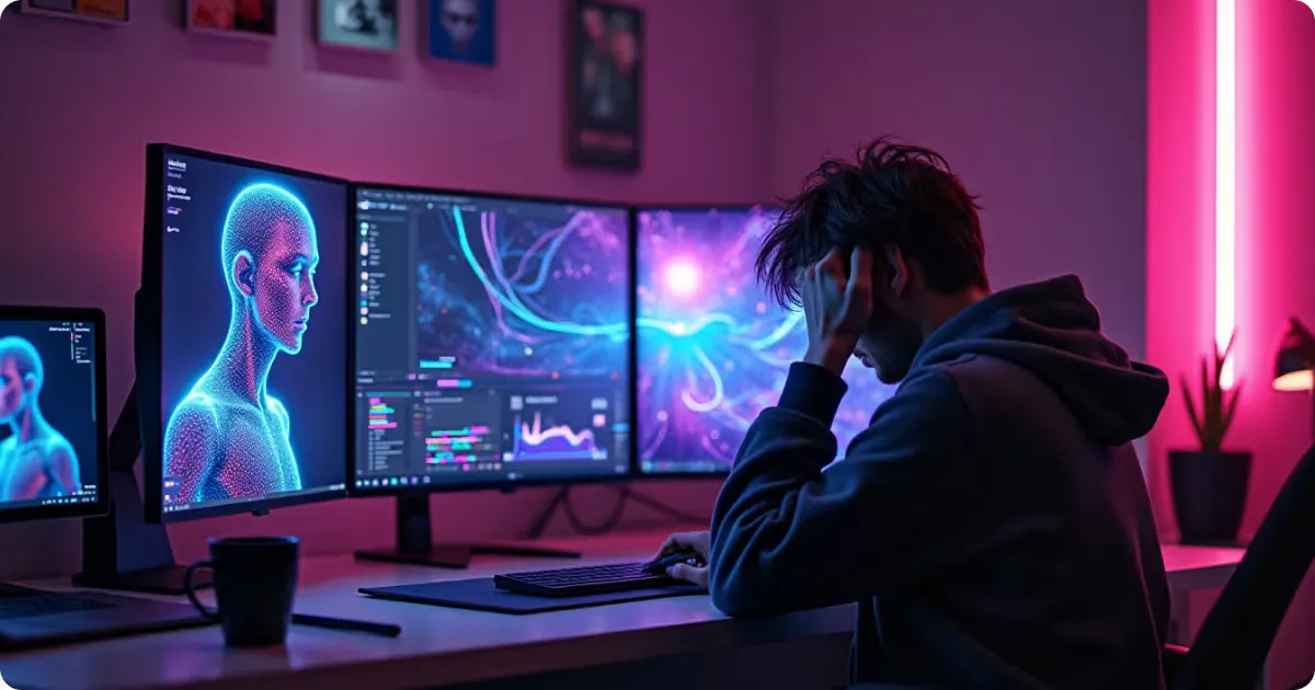 Person sitting at a desk with multiple monitors displaying vibrant digital graphics, including a holographic figure and colorful data visualizations, in a dimly lit room with pink ambient lighting. The individual appears stressed, holding their head in their hands.