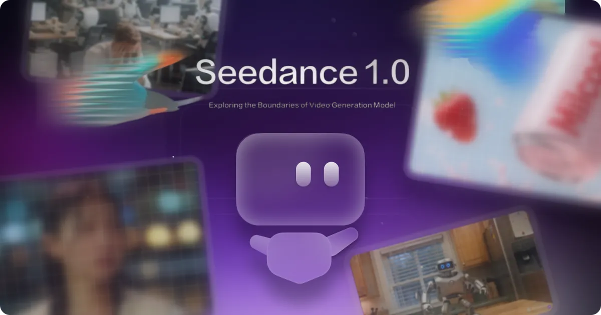 Seedance 1.0 collage featuring a purple mascot in the center with blurred video thumbnails and screens around, including a computer lab and kitchen scene, conveying video generation model boundaries.