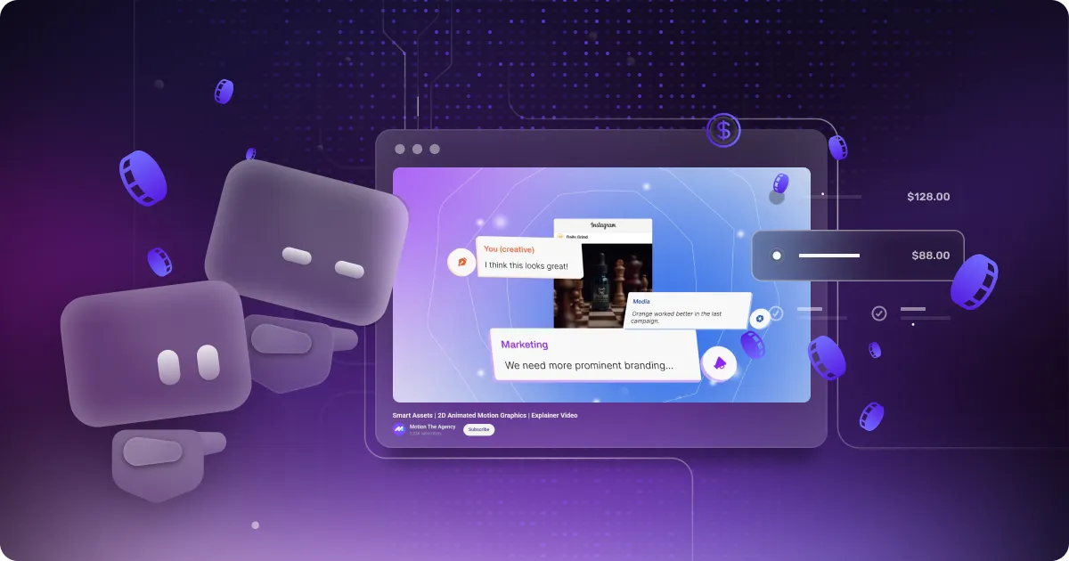 Marketing video cost illustration — animated pricing interface with 3D characters on violet background