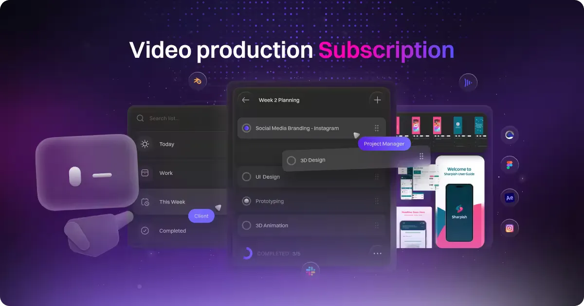 Video production subscription guide cover — creative team workflow illustration on purple background