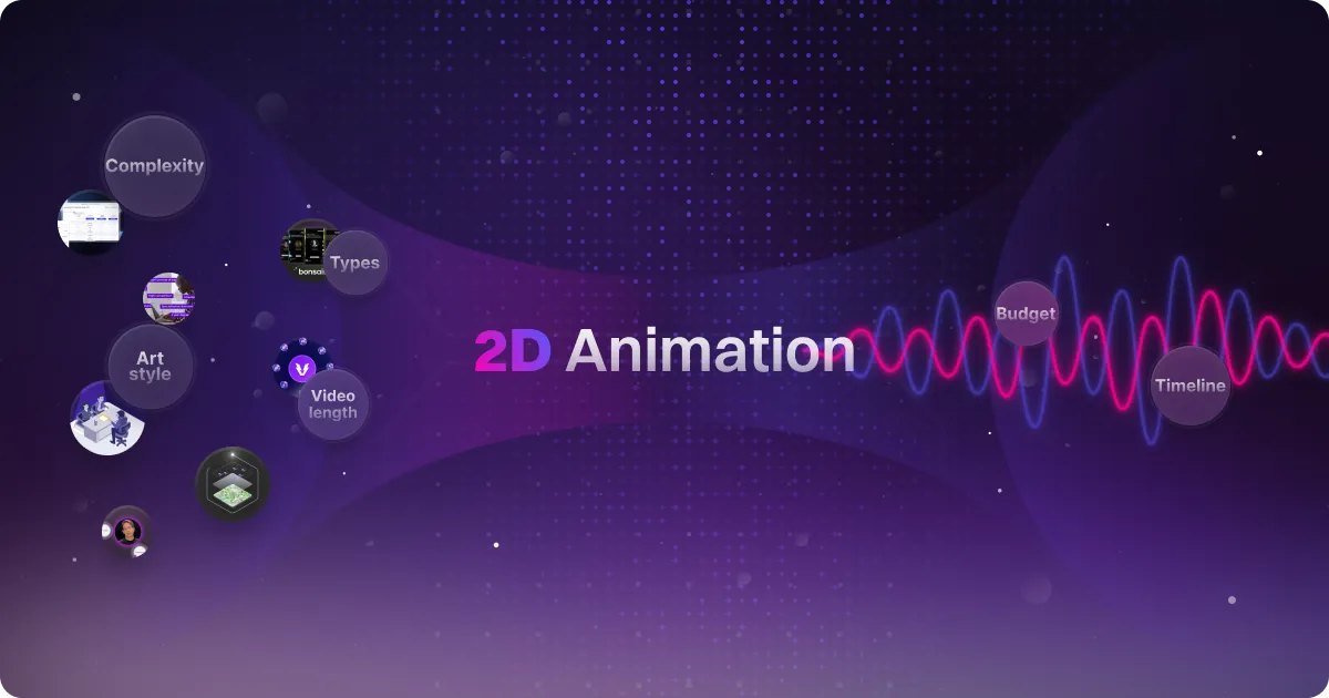 2D animation cost guide 2026 cover with pricing factor and timeline icons on a purple gradient