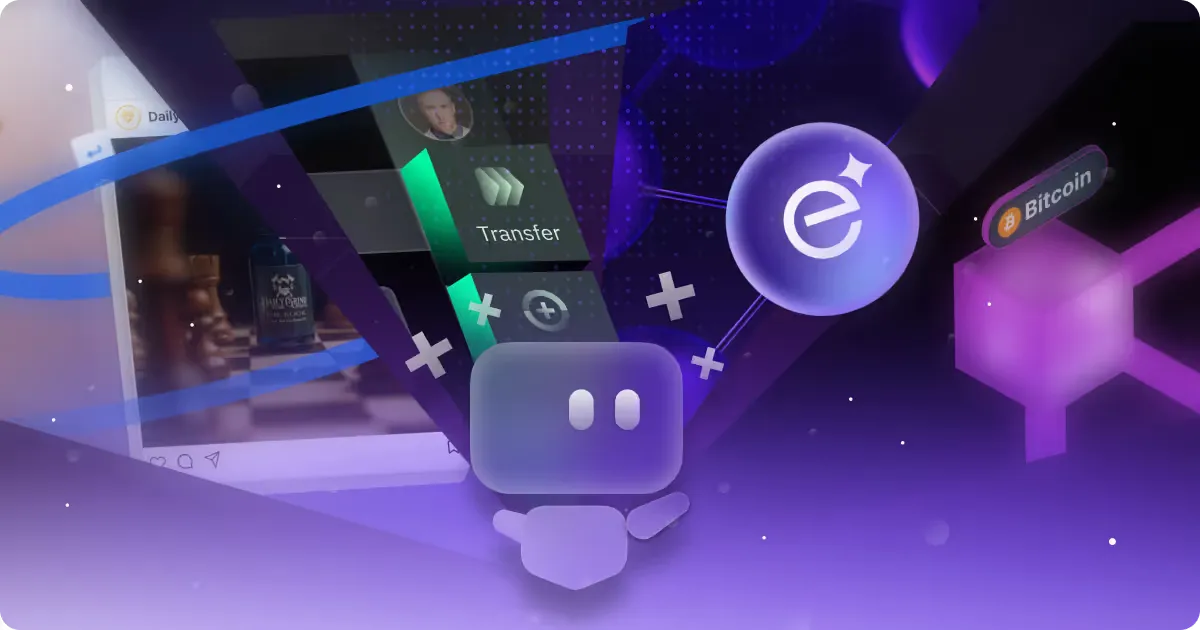 Abstract illustration representing digital finance and cryptocurrency, featuring elements like Bitcoin, financial transactions, and social media interactions, set against a purple and black background.