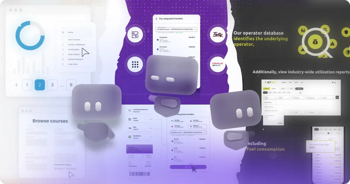 A composite image featuring various digital interfaces and analytics related to a software application. Elements include data visualizations, a list of names, a course browsing feature, financial transaction details, and utilization reports. Cartoon-like characters are present, enhancing the interface visuals. The overall theme suggests functionality related to business operations, training, and monitoring resource usage.