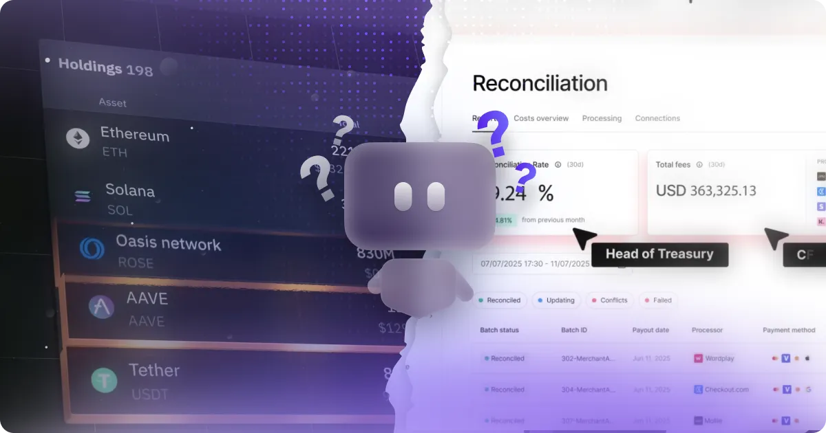 A split image displaying a cryptocurrency management interface. On the left, there are various cryptocurrency holdings including Ethereum, Solana, and others; on the right, a reconciliation dashboard showing transaction details, a reconciliation rate of 0.24%, total fees of USD 363,325.13, and batch status updates. A character appears in the center with a questioning expression, indicating confusion or inquiry.