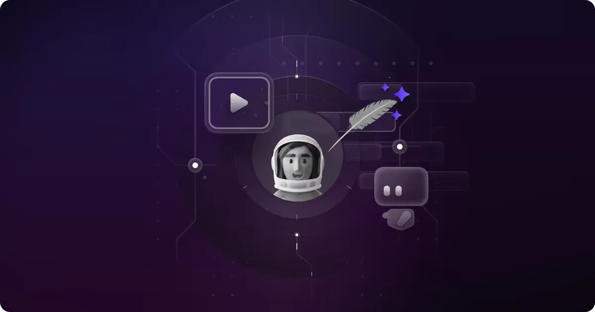 A digital illustration of an astronaut's face in a futuristic setting, surrounded by symbols representing video play, writing, and communication, against a dark purple background featuring abstract geometric shapes.