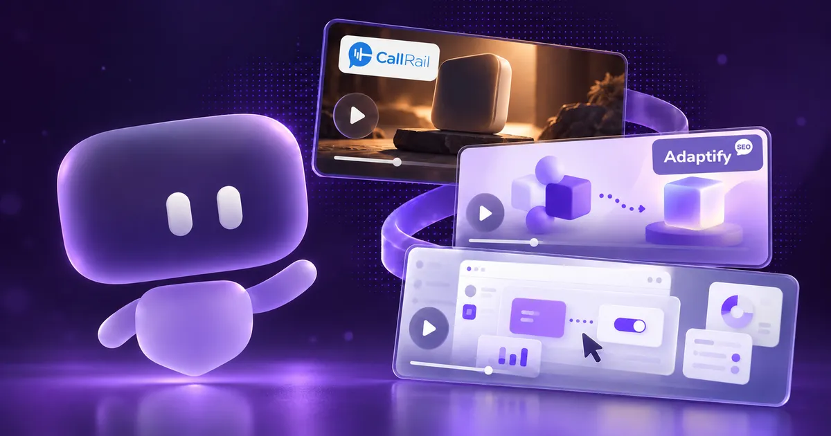 Commercial video vs explainer video vs product demo illustrated with three video screens, CallRail and Adaptify logos, and a purple mascot.