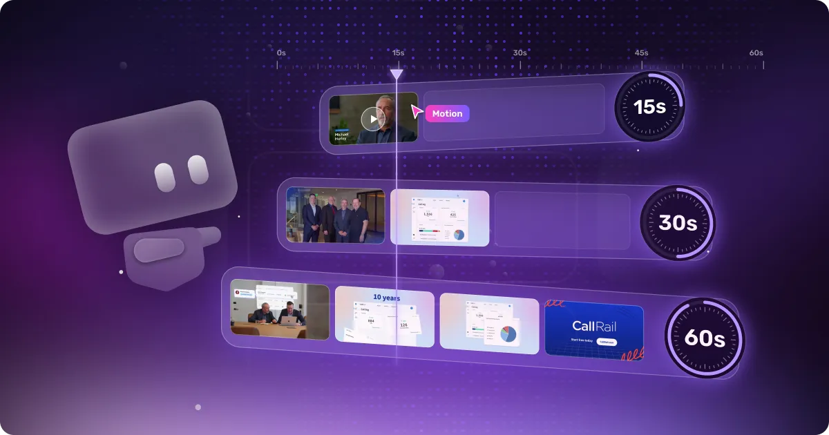 Commercial video length comparison showing 15-, 30-, and 60-second editing timelines beside a purple ghost mascot.