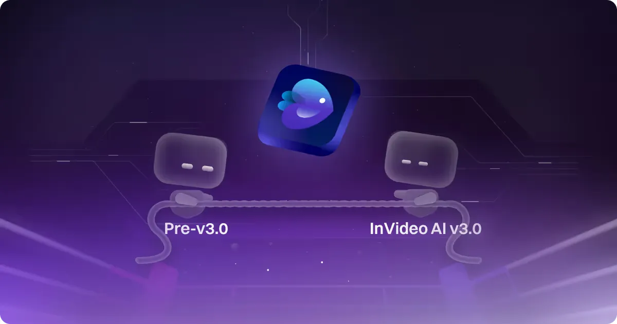 Illustration comparing "Pre-v3.0" and "InVideo AI v3.0" features, featuring abstract robotic characters set against a dark, cosmic background. The image highlights the advancements of InVideo AI v3.0 through graphical elements.