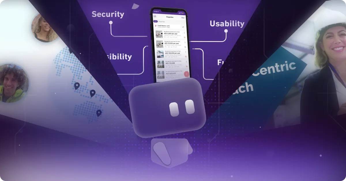 Illustration of a purple mobile app interface with a central chatbot icon, showcasing security, usability, flexibility, and user‑centric design, with happy users and a world map in the background representing global, secure, and accessible digital services.