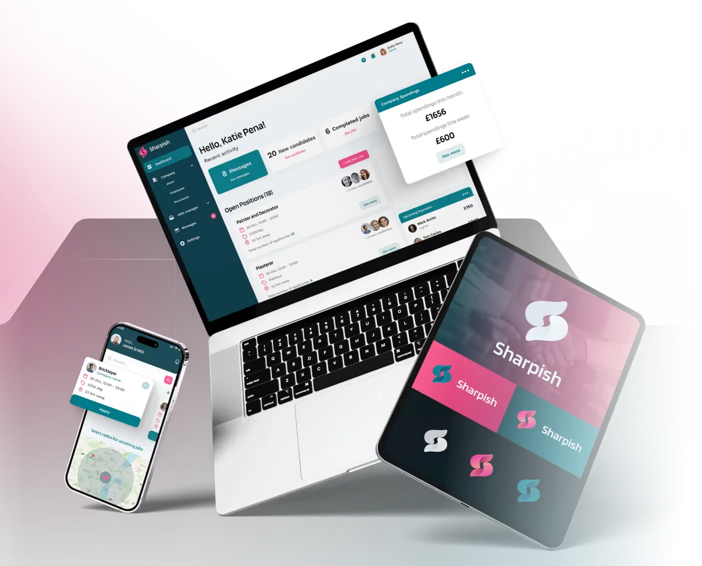 Two laptops and a cell phone showing the Sharpish website and app