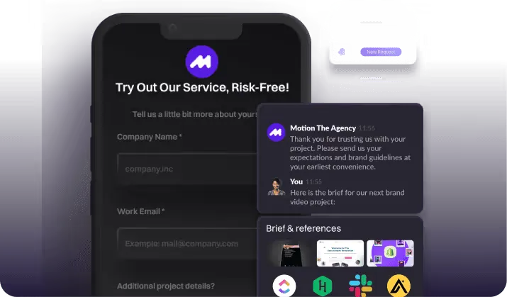 Free sample request form on a phone, with a brief and references shared in chat
