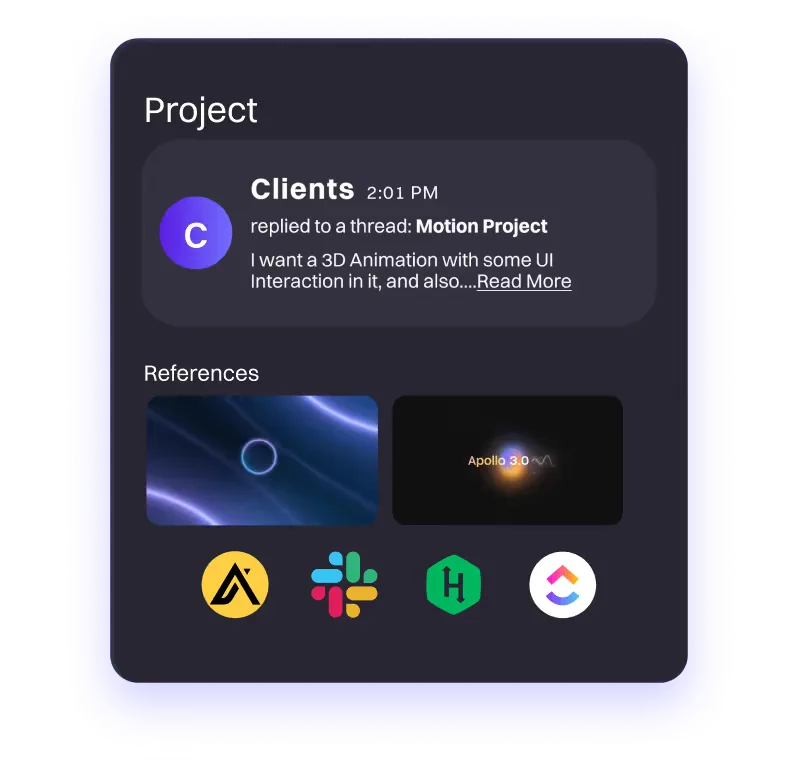 A project management interface displaying a message from a client about a Motion Project. The client requests a 3D animation with UI interaction. Below the message, there are reference images and icons representing various tools or platforms.