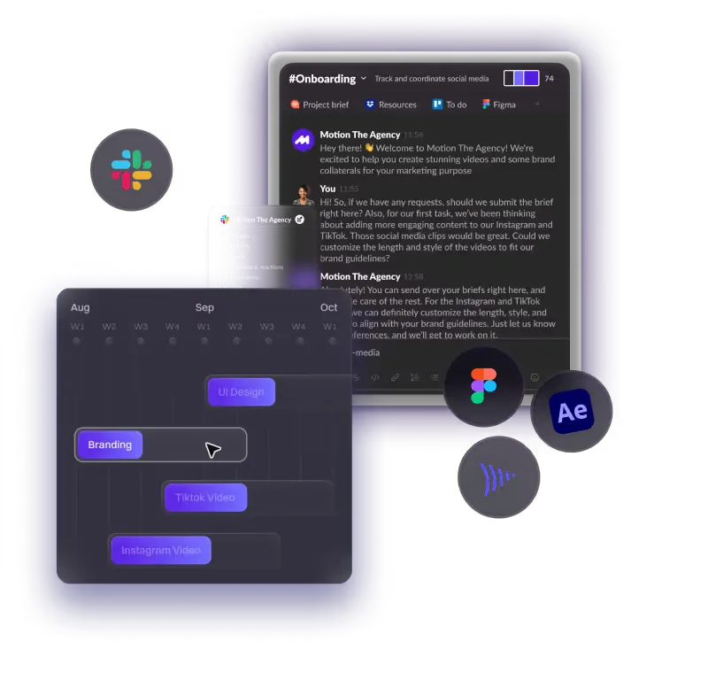 A digital workspace interface showing a Slack conversation for onboarding at Motion The Agency. The chat includes messages discussing project briefs and social media content creation for Instagram and TikTok. Below the chat, there is a timeline with tasks labeled 'Branding,' 'UI Design,' 'TikTok Video,' and 'Instagram Video,' indicating project scheduling. Various icons representing design tools are also present.