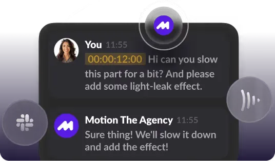 Chat thread where a client asks for a slower light-leak effect and Motion confirms the change