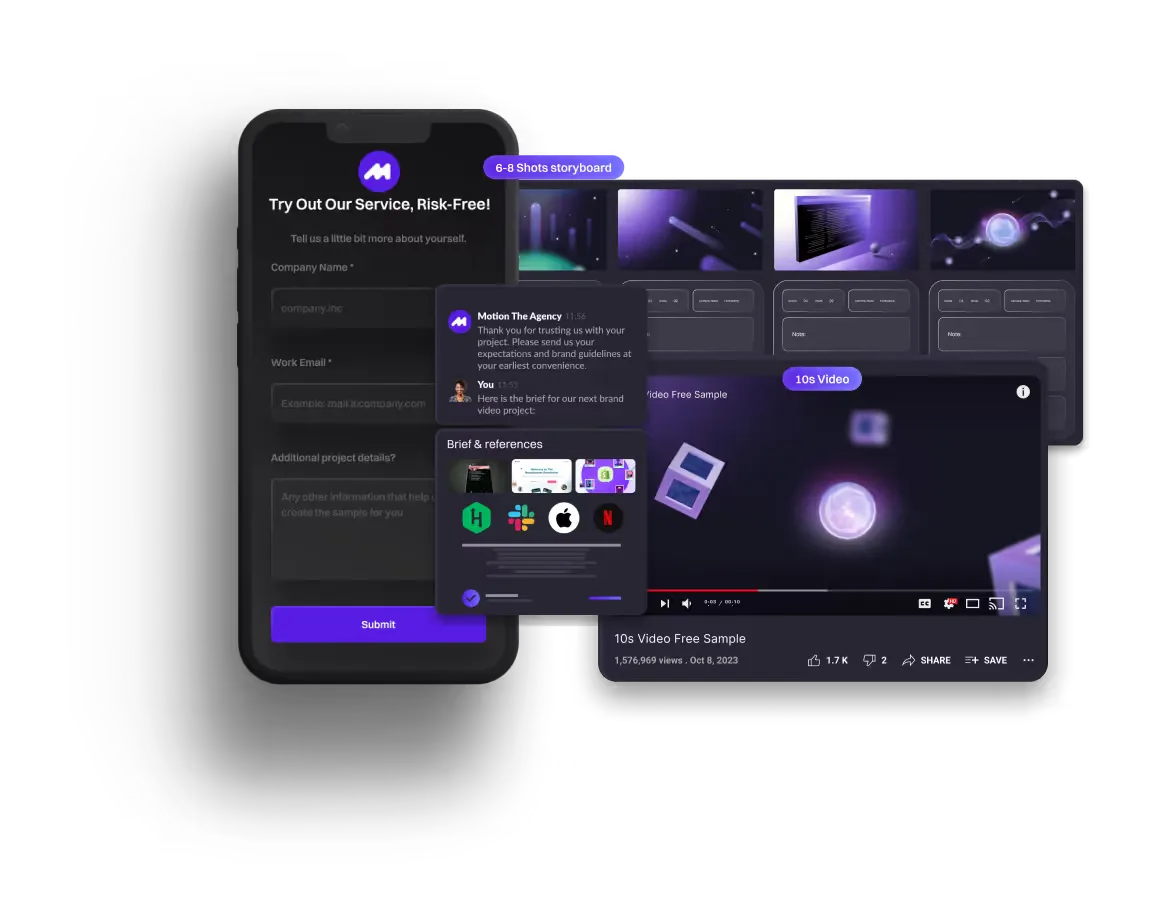 Mobile interface showing the free sample request form and a 10-second video sample from Motion The Agency.