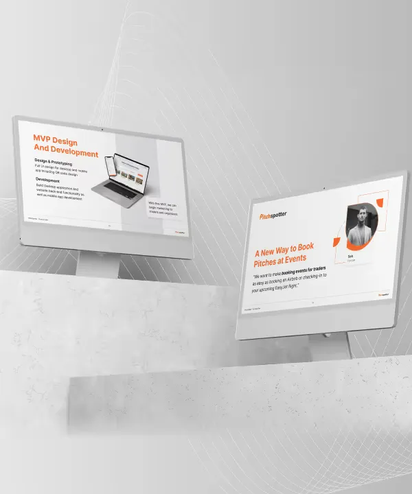 Two desktop monitors showing landing pages about MVP design and booking pitches at events