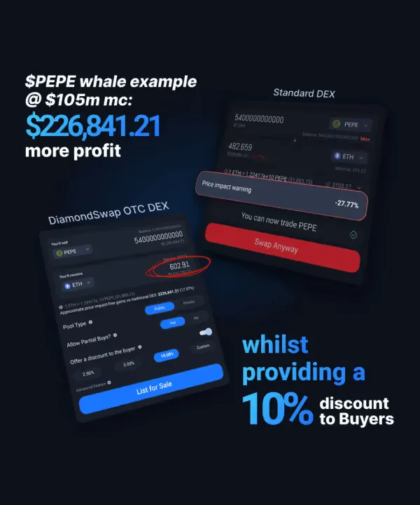 DiamondSwap OTC DEX trading interface compared with a standard DEX