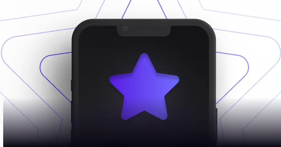 A close-up of a smartphone screen displaying a purple star icon against a dark background with abstract lines.