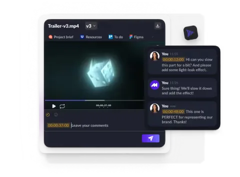 A video review player for Trailer-v3.mp4 with client and Motion The Agency comments pinned to timestamps