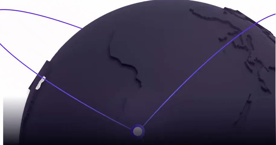 A stylized globe with a dark surface, featuring faint outlines of continents. Bright purple lines connect various points on the globe, suggesting a network or connectivity theme.