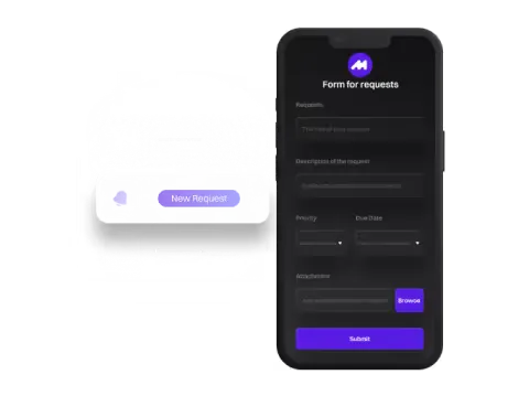 A phone showing the Motion The Agency request form with title, description, priority, due date and attachment fields