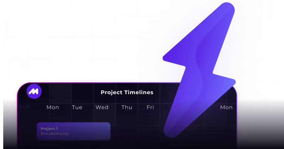 A purple lightning bolt icon over a project timeline showing "Project 1" and the task "Storyboarding".