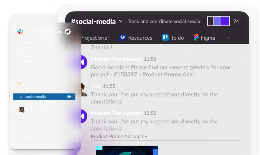 A #social-media Slack channel where Motion The Agency shares a Product Promo Ads preview and the client replies
