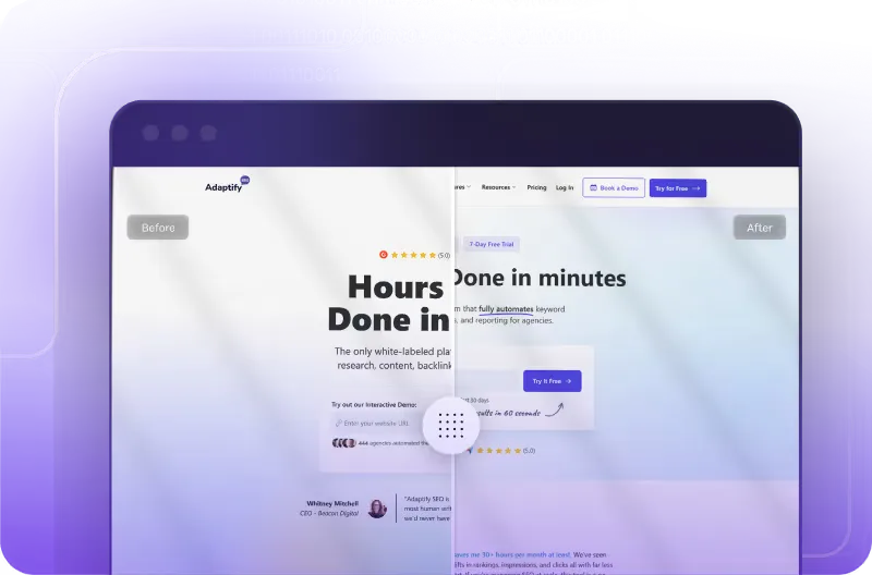 Before and after slider comparing a website hero redesign
