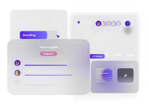 A project dashboard with hours logged per team member, an activity chart and a Branding task