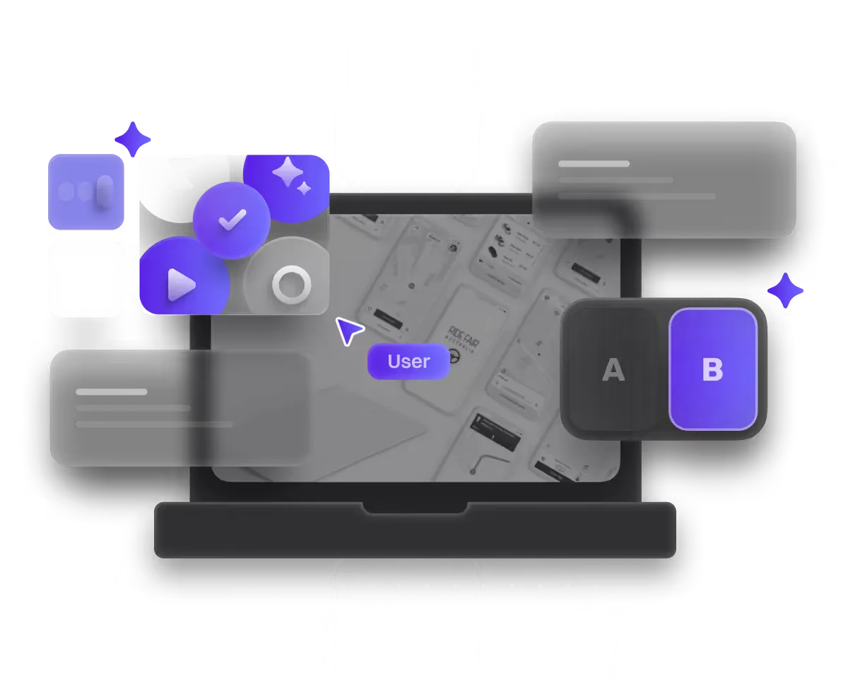 Laptop showing a map interface with animated UI elements and an A/B toggle