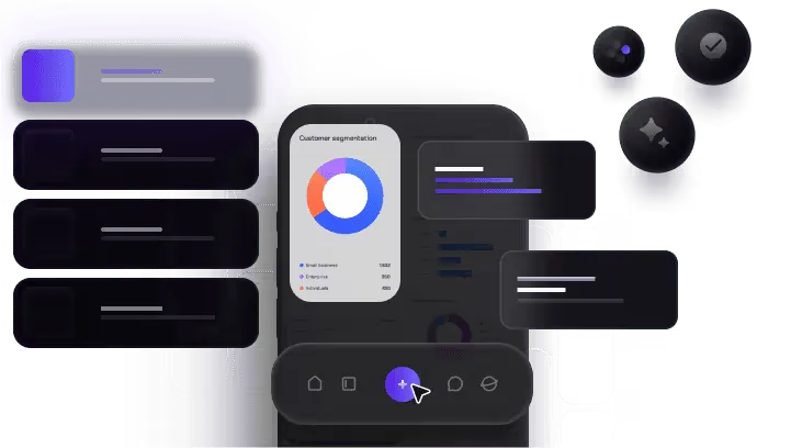 App UI design with list cards, a donut chart and a navigation bar