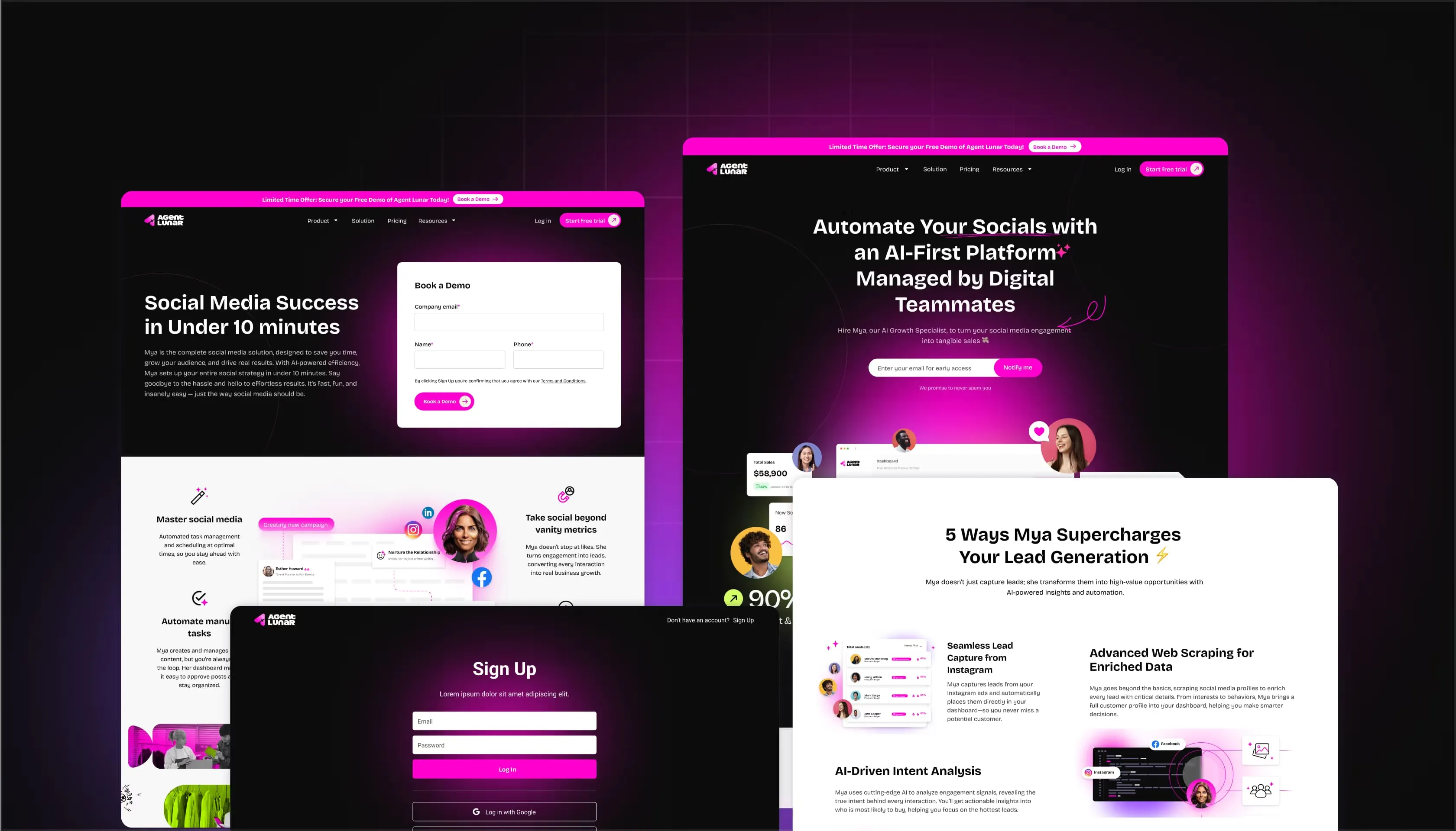 Social media automation and lead generation website designs on dark pink layouts