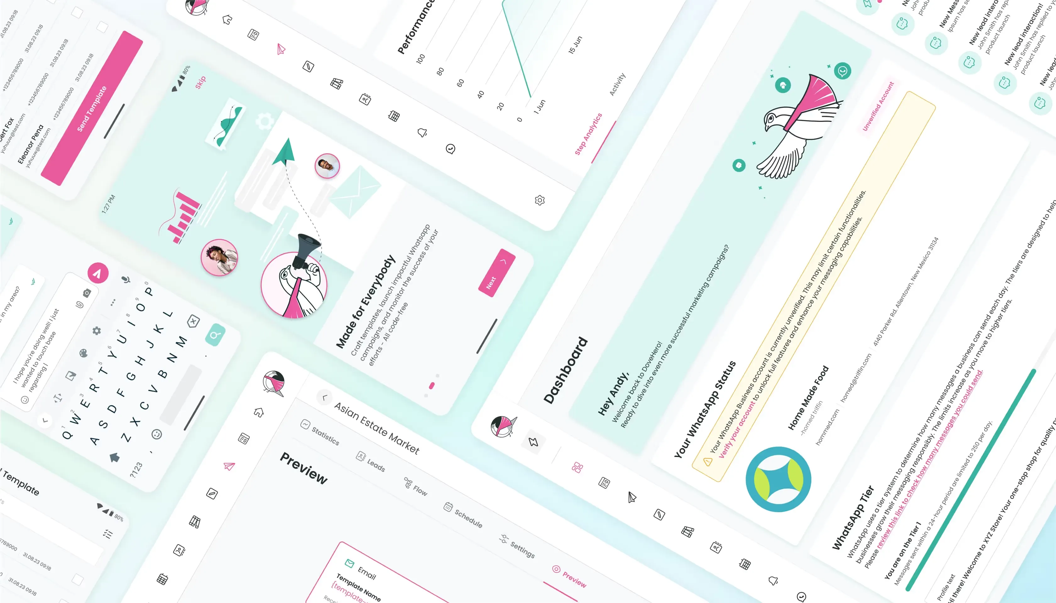 Light-themed dashboard and app screens in pink and mint tones