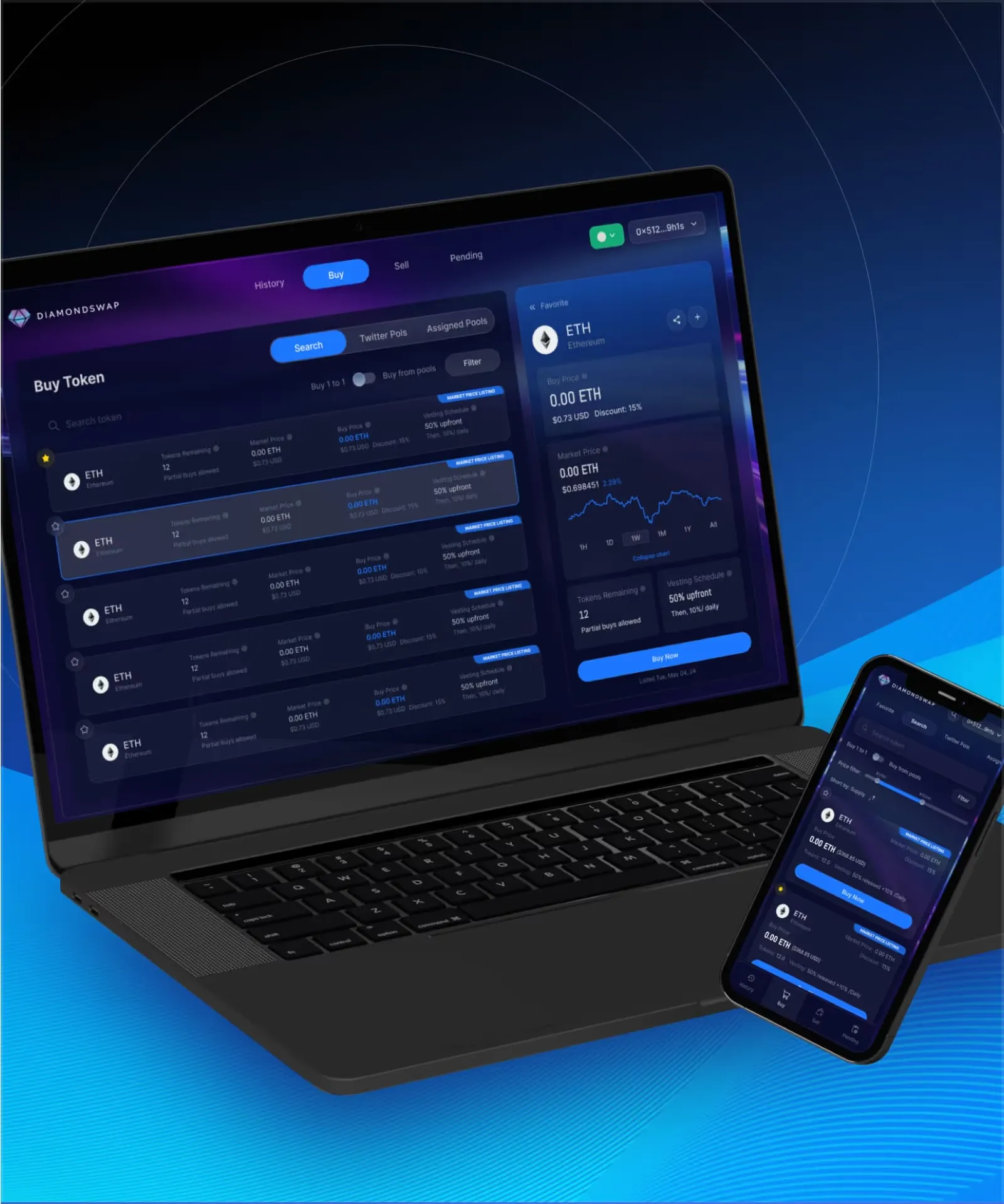 Crypto token trading dashboard shown on a laptop and a phone