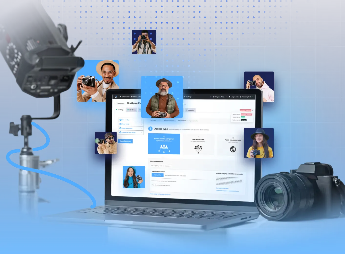 Laptop displaying photo job management software surrounded by floating portraits of photographers and a DSLR camera with studio lighting equipment.