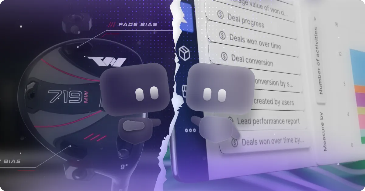 A futuristic split-screen image featuring a high-tech sports helmet with LED accents on the left and a data analytics dashboard with charts and stacked labels on the right. In the center, two soft, rounded purple chat-bot icons float, casting a glow across torn paper edges that separate the two halves, with subtle purple and blue lighting and a digital “fade bias” motif in the background.
