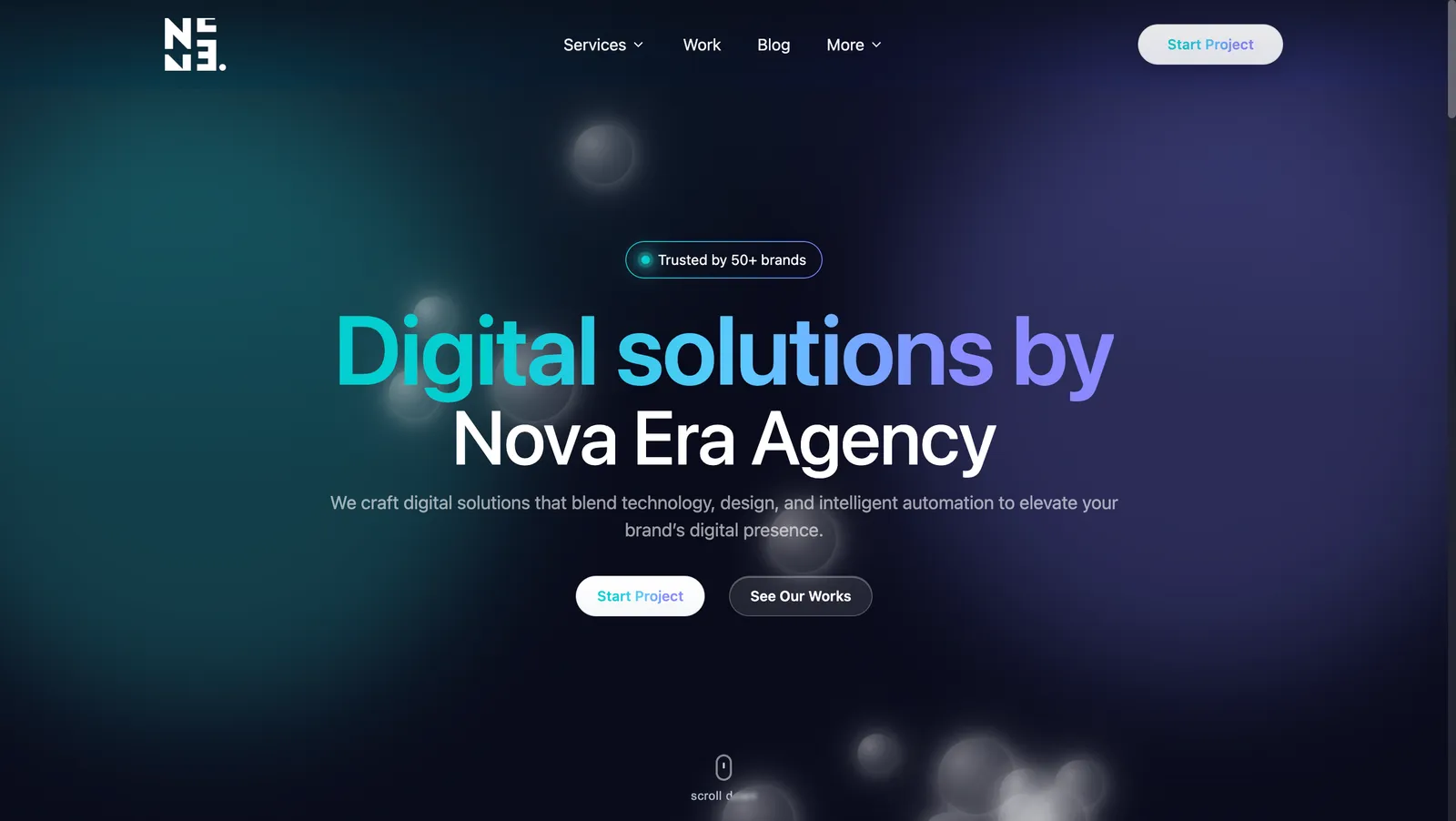 Homepage of Nova Era Agency showing a dark gradient background with glowing orbs, headline text reading 'Digital solutions by Nova Era Agency,' and buttons for Start Project and See Our Works.